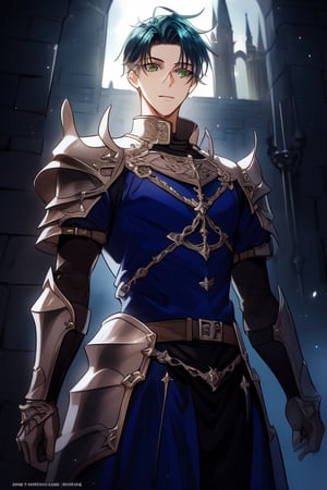 Tall,  handsome young teenage,  green eyes, dark blue hair, ,  medieval, powerful,viewed_from_below,  short hair, 18 years old,  silver armor medieval,levi ackerman hairstyle,castle
