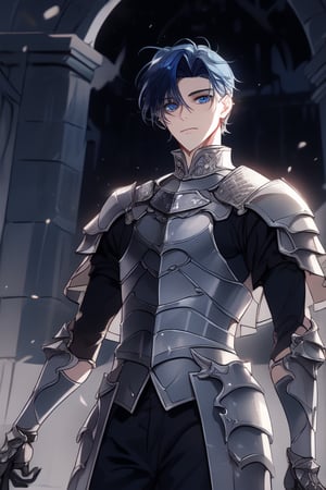 Tall,  handsome young teenage,  blue eyes, dark blue hair, ,  medieval, powerful,viewed_from_below,  short hair, 18 years old,  silver armor medieval,levi ackerman hairstyle,castle