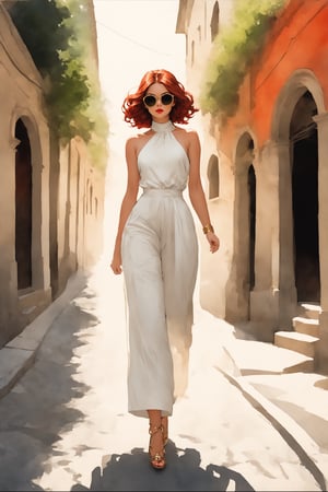 (ink lines and watercolor wash), score_9, score_8_up, score_7_up, wide angle (solo hot girl), Walking down a narrow cobblestone street,  brown-rimmed sunglasses, crimson lipstick, chestnut wolf haircut, sleek white halter-neck jumpsuit, strappy stiletto sandals with lace-up detail, a stack of gold bangles on the left wrist, stylish,