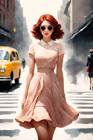(ink lines and watercolor wash), score_9, score_8_up, score_7_up, wide angle (solo hot girl), Walking down a cloudy city avenue, stylish, brown-rimmed sunglasses, crimson lipstick, short auburn hair, romantic style, soft peach lace dress with a fit-and-flare silhouette, heart-shaped pendant, small clutch, strappy high-heeled sandals, 