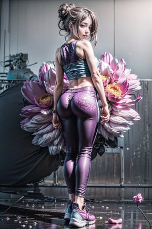 high quality, high detail, (full body image of a 22-year-old girl), ((smiling shyly)), ((standing in front of a large peony flower-themed painting)), ((full-body view from behind)), ((looking back at the viewer)), (long purple hair in a messy updo),  ((wearing a skimpy black tank top, pale blue leggings, pink sneakers))