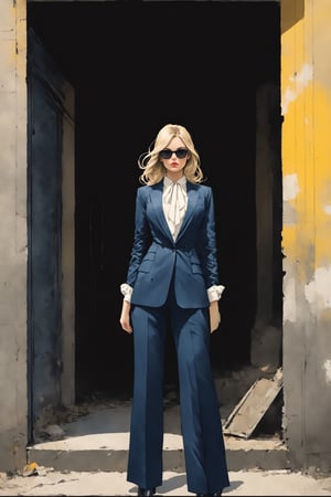 (ink lines and watercolor wash), score_9, score_8_up, score_7_up, wide angle (solo hot girl), Standing in a dilapidated alley, crimson lipstick, stylish plastic-rimmed sunglasses, curtain bangs blonde hair style, perfectly tailored navy-blue pantsuit with wide-legged trousers, pointed-toe ankle boots, silver cuff bracelet on the left wrist, leather tote bag, 