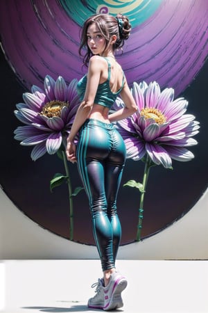 high quality, high detail, (full body image of a 22-year-old girl), ((genuine smile)), ((standing in front of a large cockscomb flower-themed painting)), ((full-body view from behind)), ((looking back at the viewer)), (long purple hair in a messy updo), ((wearing a skimpy magenta tank top, teal leggings, white sneakers))