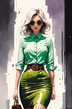 (ink lines and watercolor wash), score_9, score_8_up, score_7_up, wide angle (solo hot girl), Walking down a rain-soaked pavement,  stylish, brown-rimmed sunglasses, crimson lipstick, medium length silver hair, business casual, crisp lavender button-down shirt, emerald-green pencil skirt, thin silver belt, silver hoop earrings, leather handbag, olive-colored heels, 
