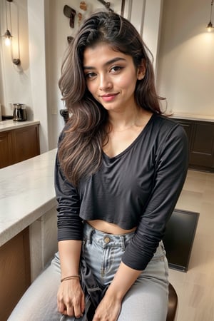 lovely cute young attractive indian teenage girl in a black crop to p. 18 years old, cute, an Instagram model, long blonde_hair, color ful hair, winter, sitting in a coffee shop. Indian