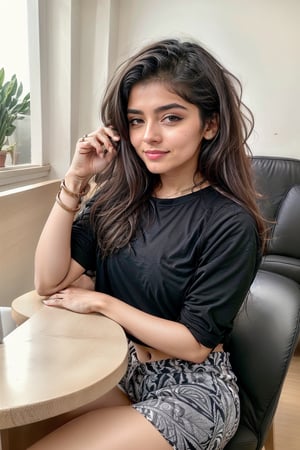 lovely cute young attractive indian teenage girl in a black crop to p. 23 years old, cute, an Instagram model, long blonde_hair, color ful hair, winter, sitting in a coffee shop. Indian