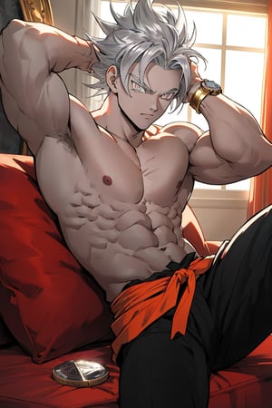 Highly detailed, High Quality, Masterpiece, beautiful, (Medium long shot),1boy, solo, Goku from dragón ball,No shirt, black pants, gold watch on left hand,right hand on the back of the head(muscular,Siver hair,Light silver eyes,),room scene,
