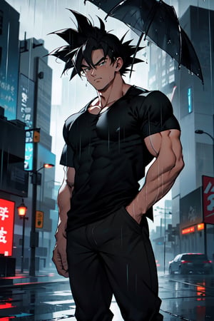 Highly detailed, High Quality, Masterpiece, beautiful,Son goku,Wet Black t-shirt, wet black pants,serious,right hand on chin, left hands in pocket, rainy day, park