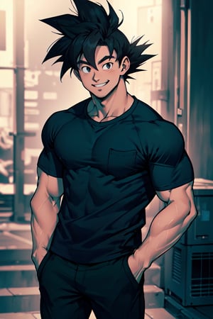 Highly detailed, High Quality, Masterpiece, beautiful,Son goku,Black t-shirt, black pants, smiling,hands in pocket
