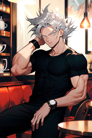 Highly detailed, High Quality, Masterpiece, beautiful, (Medium long shot),1boy, solo, Goku from dragón ball,black t-shirt, black pants, gold watch on left hand,right hand on the back of the head(muscular,Siver hair,Light silver eyes,), café scene,