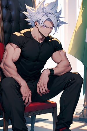 Highly detailed, High Quality, Masterpiece, beautiful,Goku with Mexico flag, silver hair,light purple eyes , black pants, black t-shirt, sitting on a chair