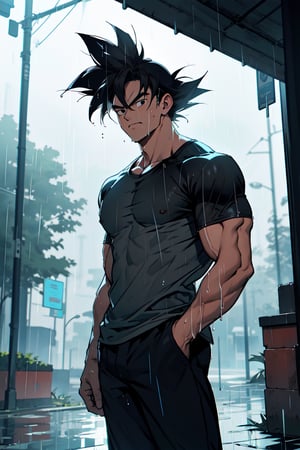 Highly detailed, High Quality, Masterpiece, beautiful,Son goku,Wet Black t-shirt, wet black pants,black eyes,serious,right hand on chin, left hands in pocket, rainy day, park
