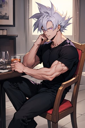 Highly detailed, High Quality, Masterpiece, beautiful,goku cup, silver hair,light purple eyes , black pants, black t-shirt, sitting on a chair