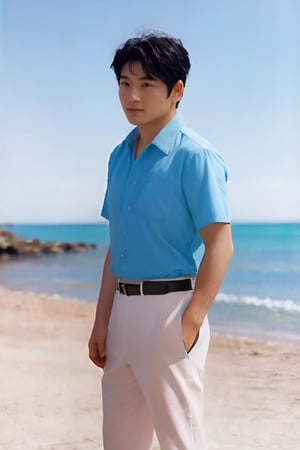 japanese idol 80s, 1boy, solo, looking to the side, perfect hands, beach shirt, pants, short hair, standing, 1man, background sky,male