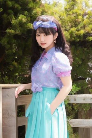  japanese idol 80s, 1girl, solo, looking at viewer, camisole, pleated skirt, long hair, hairband,ViNtAgE