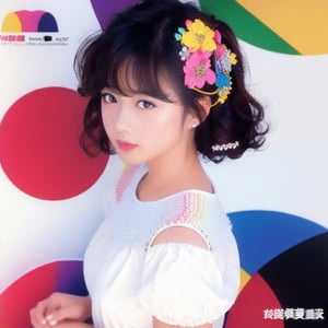 jpop cover 80s, 1girl, solo, looking at the side, realistic, body to the waist, Extremely Realistic, perfect hands, high quality, Short-sleeved colorful dress, hair ornaments, medium hair, black hair, colored pencils in the white background