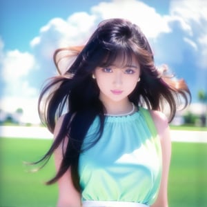 jpop cover 80s, 1girl, solo, looking at viewer, realistic, body to the waist, Extremely Realistic, perfect hands, high quality, pastel green blouse, long hair, black hair, bracelet, blue and white gradient background with clouds