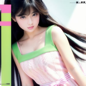 jpop cover 80s, 1girl, solo, looking at viewer, realistic, body to the waist, Extremely Realistic, perfect hands, high quality, linear pattern in the white background, light pistachio green and pastel pink a-line dress, long hair, black hair