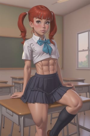 (masterpiece,  high quality,), looking at viewer, ((abs)), ((muscle)), pussy, in classroom, standing,, ((school_uniforms)), ((1gir, loli, young, cute, petite, tiny)) ,thepit, full_body, ((pig_tails, red_head, hair bangs)), show panties, sitting_on, table, legs_open, blushing