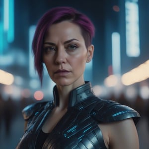 potrait of A soft beautiful woman in her mid 30s with a serious face, wearing a cyberpunk dresses ,  in a futuristic cyber city, standing, bloom, Bokeh, masterpiece, photo realistic, sharp focus, highly detailed, 4k, stunning.