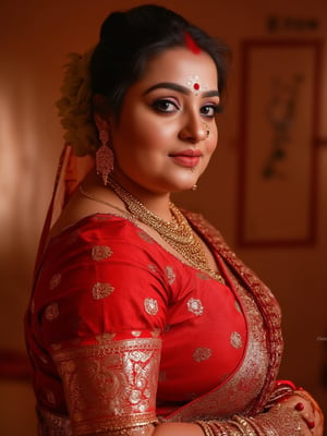 Extremely Beautiful, Sexy, Mild Chubby BENGALI MOTHER in her mid 30s, Busty, wearing wedding jewellery, posing, looking at the viewer, in the bedroom, masterpiece, uhd, best quality, shot with canon 70 mm lens, realism.