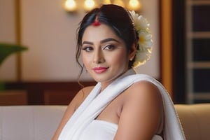 a newly wed bengali mommy with messy hair and a curvy body, after shower, wet body, wearing a towel, sitting in the sofa, stunning, 4k, bloom, bokeh, masterpiece, award winning, ultra high detail.