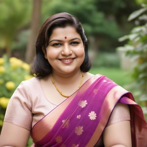 potrait of A soft chubby woman in her mid 30s with a beautiful smiling face, wearing sleeveless blouse and saree, in a garden, sitting, position for the camera, bloom, Bokeh.