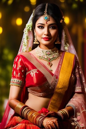 a newly wed bengali women, stunning, 4k, bloom, bokeh, masterpiece, award winning, ultra high detail.