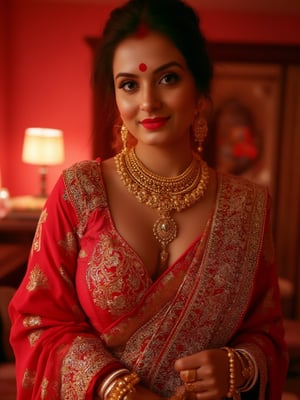 Extremely Beautiful, Sexy, Mild Chubby BENGALI MOTHER in her mid 30s, Busty, wearing wedding jewellery, posing, looking at the viewer, in the bedroom, masterpiece, uhd, best quality, shot with canon 70 mm lens, realism.