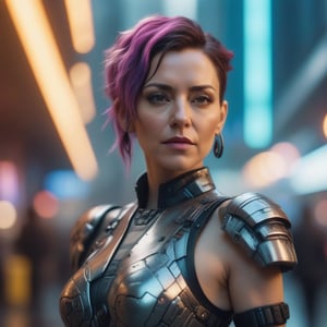 full shot of A beautiful woman in her mid 30s with a qurious face, wearing a cyberpunk dresses ,  in a futuristic cyber city, standing, bloom, Bokeh, masterpiece, photo realistic, sharp focus, highly detailed, 4k, stunning.