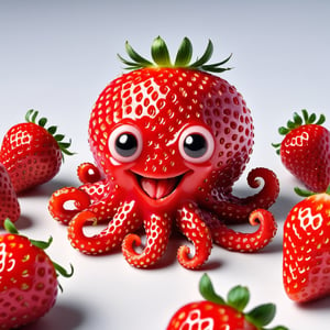 strawberry shaped like an octopus , (smiling),  textured strawberry red skin, solo,  very detailed, 4k, masterpiece, morph, photo realistic, RAW photo, subject, 8k uhd,sharpened focus soft, lighting, high quality, The surface of the strawberry is dotted with numerous small seeds and has a bright red color, which is typical for ripe strawberries. photo, White Background,strwbrrxl