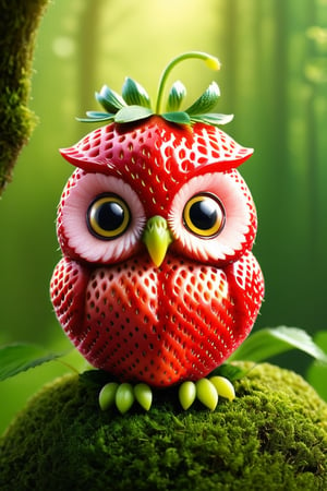 strwbrrxl, detailed realistic close up of a strawberry shaped like a cute owl, sitting, natural light, fantasy forest background, strwbrrxl

