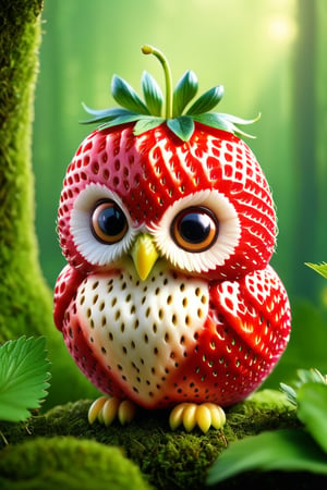 strwbrrxl, detailed realistic close up of a strawberry shaped like a cute owl, sitting, natural light, fantasy forest background, strwbrrxl
