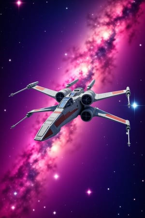 mlkwglx, stars, This image is a highly detailed, digital illustration of a futuristic spaceship in space. The spaceship, prominently featured in the center, is a sleek, X-wing fighter with a red and white color scheme. It has four long, pointed wings that extend from the central body, giving it a distinctive X shape. The wings are adorned with red stripes and have visible rivets and panels, indicating a high level of technological sophistication. The background is a vibrant, swirling nebula with hues of pink, purple, blue, and green, creating a cosmic, otherworldly atmosphere. The nebula is filled with countless stars of varying sizes, adding to the sense of depth and vastness. The stars range from bright, white dots to faint, distant specks, emphasizing the infinite expanse of space. The spaceship appears to be in motion, with its engines glowing faintly, suggesting it is traveling at high speed. The illustration captures the texture of the spaceship's metal surface, which appears smooth but with visible details such as the cockpit windows and the intricate design of the engines. The overall style is highly realistic, with sharp lines and a high level of detail, making the spaceship and the surrounding space appear lifelike.