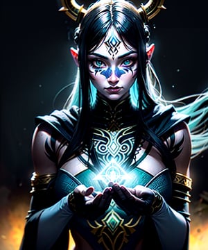 ⬇️ prompt below (please give me credit if you use). Well I was supposed to be creating Shamans for World of Warcraft, but as usual, I : Digital art masterpiece in ultra-detail, action portrait of a mystical woman embodying the five elements, fused with elemental mutations, dark night environment, worn rustic clothing, bare natural face, large luminous eyes, atmospheric details with a glow, intricate face proportions, wild hairstyle & illuminating detailed tattoos, intricate physics,by Vixsin, color enhancement, complementary color scheme, ray-tracing reflections, an environment teeming with life, volumetric lighting, dramatic lighting, golden ratio