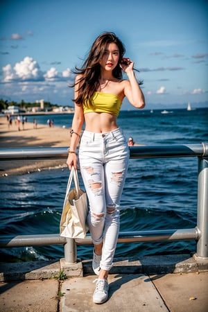 generally attractive instagram model, make it look realistic,
1girl, long hair, brown hair, standing, full body, outdoors, sky, shoes, day, ocean,railing, white shoes, holding phone, 
Light Yellow Strapless Top,skinny jeans,168 cm tall,long leg,thin leg,

