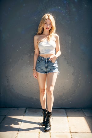 generally attractive instagram model, make it look realistic,1girl, looking at viewer, long hair, blonde hair, bare shoulders, standing, full body, black boots,  strapless,  ((Naked shoulder denim top)),denim, denim shorts, Dr. Martens,Slender, straight and long legs,stret view,