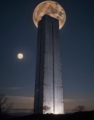 A well like monolith, Blue radiant energy eminating from the top. On a dark night. With a full moon. 