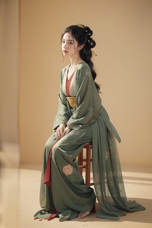 Natural Light, (Best Quality, highly detailed, Masterpiece:1.2), 16k, depth of field,full length , ((wide shot)), A lady sitting in a chair with black hair, Full body picture,Tang Dynasty Clothing, dark green silk thread, Transparent watercolor, splash ink rendering, chaos rendering, (beautiful and detailed eyes), (realistic detailed skin texture), (detailed hair), (realistic light and shadow), (clean outline, sketch style line art),ink splash,solid color background