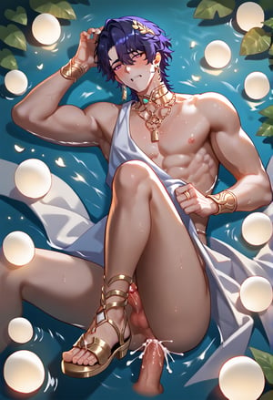 1boy, male focus, dr.ratio, honkai:star rail,wavy dark blue hair that partially covers his left eye, reddish-pink eyes, yellow ring around the pupils, muscular, (pale white glowing vampire skin), anal sex, laying on water, feets up, being fucked, Ancient Roman style open toe shoes, toes open, serious face, blush, cum, best quality, amazing quality, best aesthetic, absurdres