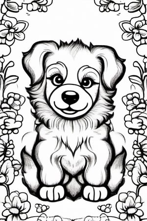 A charming collection of adorable puppies in various playful poses, perfect for a coloring page. The puppies are surrounded by vibrant flowers and butterflies, set against a whimsical background with a mix of sunny skies and fluffy clouds, inviting children to unleash their creativity and bring these delightful scenes to life with their favorite colors.orn8,orn8,orn8 design,orn8 lineart design