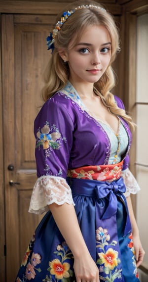 (Beautiful German girl),beautiful blonde hair,beautiful blue iris, wearing a Baroque-style dirndl with vibrant colors, infused with Japanese elements. The dress combines intricate lace and embroidery with colorful kimono-inspired patterns. A wide obi belt cinches her waist, while puffed sleeves and delicate accessories complete the look, showcasing a striking fusion of cultures.,ct-drago,better photography,FilmGirl