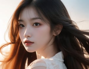 masutepiece, realistic, real life, Best Quality, Ultra-detailed, finely detail, hight resolution, 8K Wallpaper, Perfect dynamic composition, Natural Color Lip, Korean girl,(wearing a sexy transparent dress:1.1),(Long hair:1.3), Sexy standing pose, (The wind blows my long hair:1.3),(revealing a glimpse of cleavage :1.1),model pose,facing reality,20 years girl, waist up portrait shot, Realism, detailed eyes, long eyelashes, realistic skin, skin pores, 