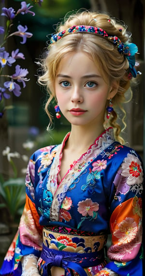 (Beautiful German girl),beautiful blonde hair,beautiful blue iris, wearing a Baroque-style dirndl with vibrant colors, infused with Japanese elements. The dress combines intricate lace and embroidery with colorful kimono-inspired patterns. A wide obi belt cinches her waist, while puffed sleeves and delicate accessories complete the look, showcasing a striking fusion of cultures.,ct-drago,better photography,FilmGirl