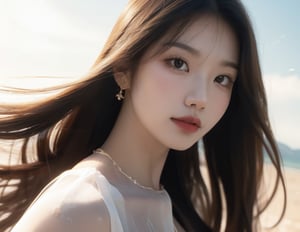 masutepiece, realistic, real life, Best Quality, Ultra-detailed, finely detail, hight resolution, 8K Wallpaper, Perfect dynamic composition, Natural Color Lip, Korean girl,(wearing a sexy transparent dress:1.1),(Long hair:1.3), Sexy standing pose, (The wind blows my long hair:1.3),(revealing a glimpse of cleavage :1.1),model pose,facing reality,20 years girl, waist up portrait shot, Realism, detailed eyes, long eyelashes, realistic skin, skin pores, 