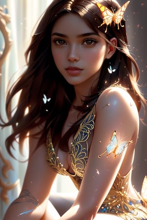 8k portrait of beautiful cyborg with brown hair, intricate, elegant, highly detailed, majestic, digital photography, art by artgerm and ruan jia and greg rutkowski surreal painting gold butterfly filigree, broken glass, (masterpiece, sidelighting, finely detailed beautiful eyes: 1.2), hdr, (detailed background window to a new dimension, plants and flowers:0.7)  infinity, infinite symbol,1 girl,Nice legs and hot body
