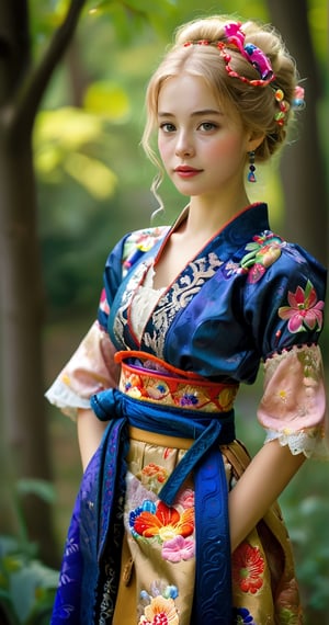 (Beautiful German girl),beautiful blonde hair,beautiful blue iris, wearing a Baroque-style dirndl with vibrant colors, infused with Japanese elements. The dress combines intricate lace and embroidery with colorful kimono-inspired patterns. A wide obi belt cinches her waist, while puffed sleeves and delicate accessories complete the look, showcasing a striking fusion of cultures.,ct-drago,better photography