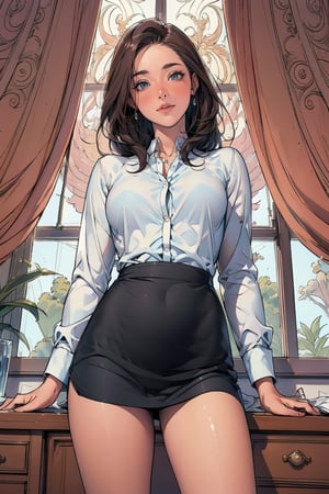 a girl in the office, 22 years old, plant, window, Sexy photo, ((best quality)), ((intricate details)), ((surreal)), H, milf,  view, Very detailed, illustration, 1 girl, ((small breasts)), perfect hands, Detailed fingers, Beautiful and delicate eyes, long hair, brown eyes,slim legs, (business attire:1.2), open office shirt, tight skirt, black collar, earrings, , Detailed background, bedroom, perfect eyes, Seductive eyes, looking at the audience, from below,line anime,High detailed 