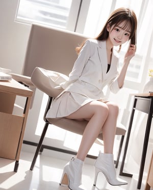 An 18-year-old Korean-looking woman, wearing a white pleated skirt and a super short mini skirt, works as a secretary in an office in the software industry. She is sitting at a 45-degree angle from the side, revealing black high-heeled shoes. The light is relatively bright, and there is sunlight during the day. . The skin is very white, the smile is very sweet, no stockings are worn, the upper body is wearing a white uniform, the chest is exposed, super realistic style, exposing her breasts.,zdesignofficev2,office_lady_uniform,slingshot,makima(chainsaw man),Boots,high heels shoe dangle,1 girl