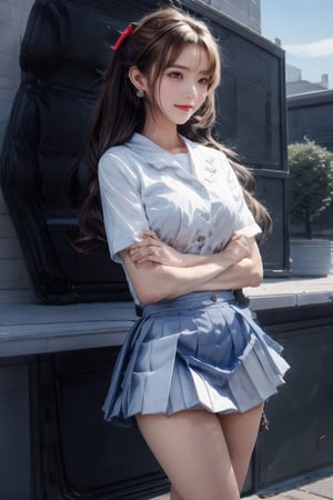 long hair, breasts, looking at viewer, smile, multiple girls, skirt, brown hair, shirt, brown eyes, jewelry, medium breasts, standing, full body, white shirt, short sleeves, pleated skirt, earrings, outdoors, shoes, day, 3girls, tree, crossed arms, white footwear, white skirt, sneakers, realistic,windlift,lift_skirt,UW01,clothes lift,long_island\(azur lane\),serafuku,mini_skirt